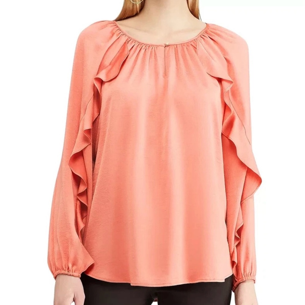 ‼️5/$25‼️ Chaps Women's Ruffle Hammered Satin Peasant Top Blouse - Picture 5 of 6